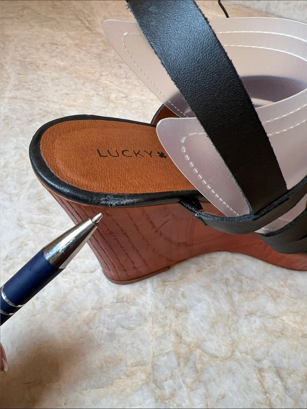 Lucky Brand Black Strappy Wood-Platform Wedge Sandals. Leather upper